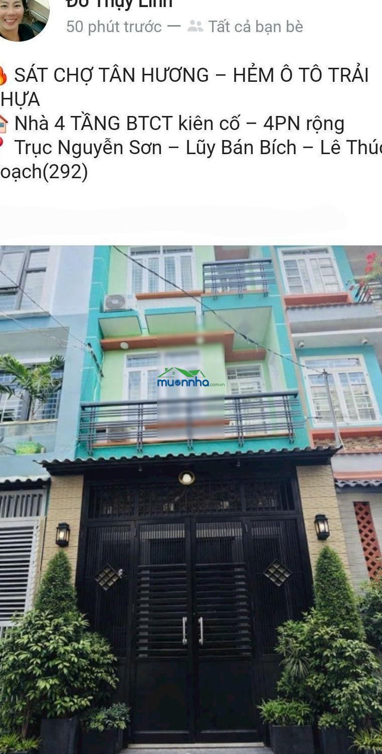 Sát chợ tân hương hẻm ô tô trải nhựa - nhà 4 tầng btct - 4pn - 2