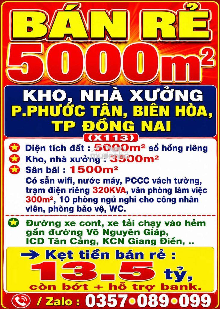 Bán rẻ 5000m2 kho, nhà xưởng p.phước tân, biên hòa, tp đồng nai (x113)