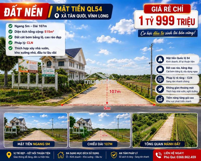 🔥 Đất nền mặt tiền ql54 – xã tân quới, vĩnh long