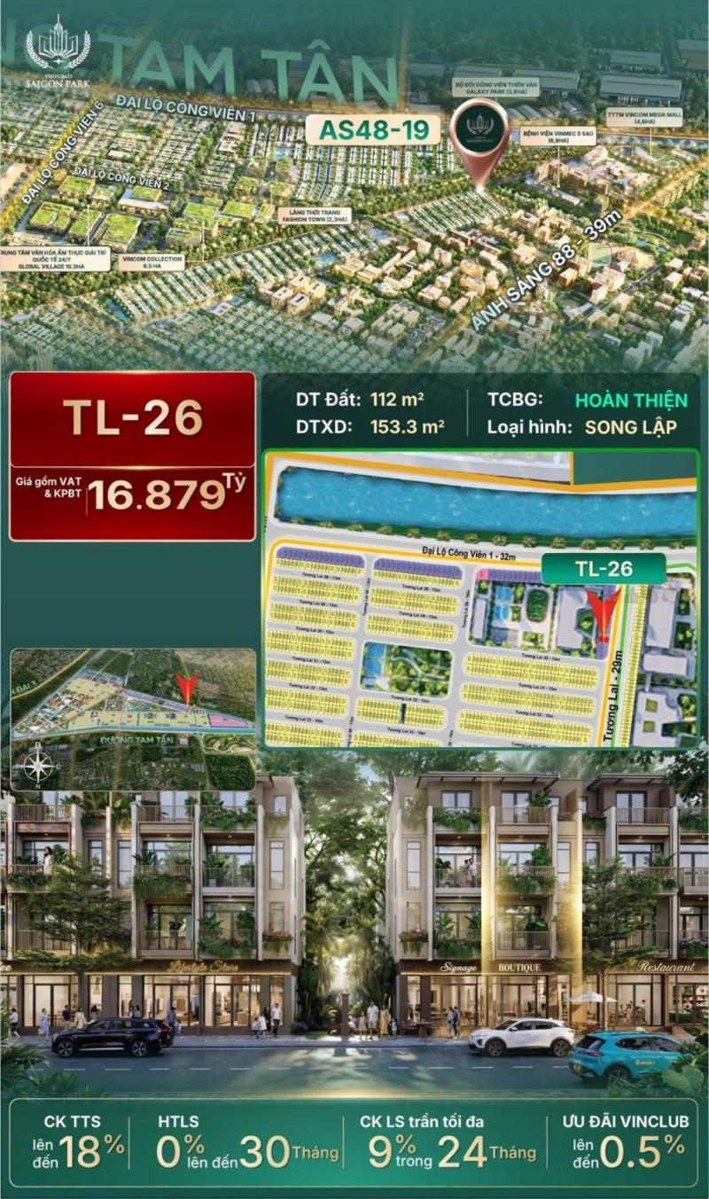 Vinhomes saigon park-duy nhất 1 căn song lập hoàn thiện 112m2 mặt tiền đường 29m giá tốt