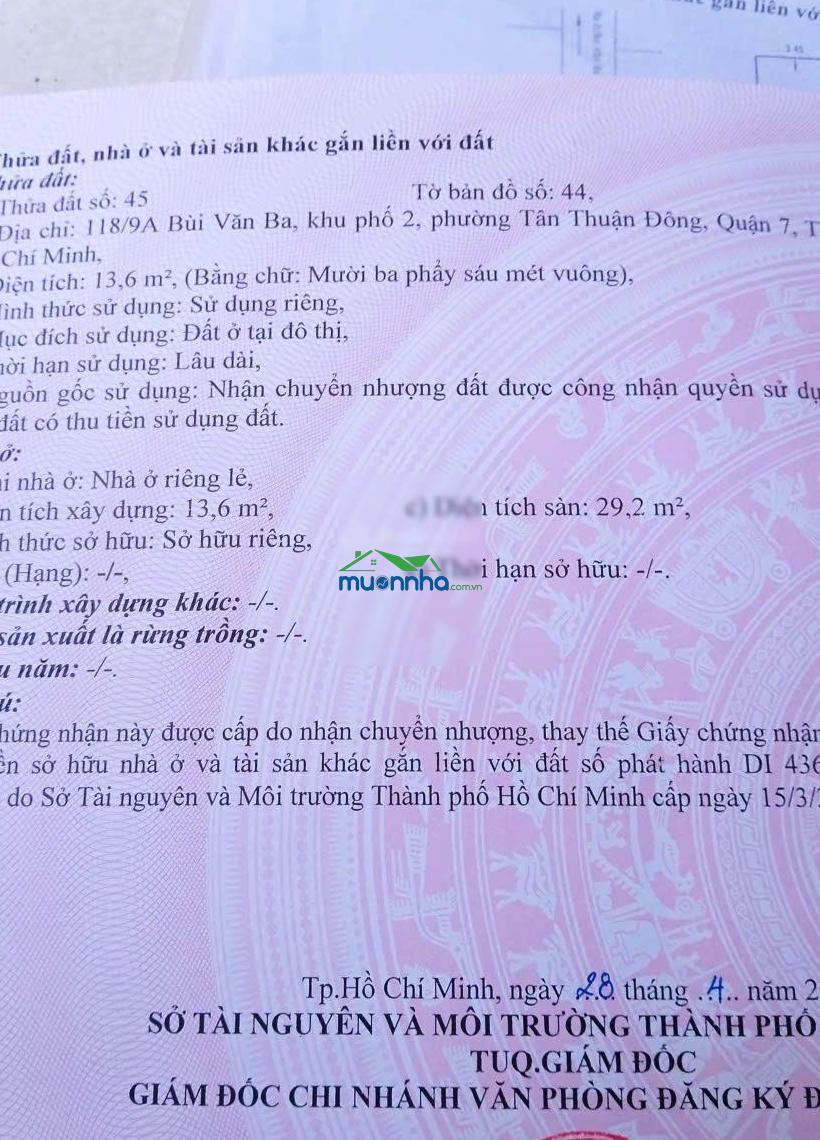 Nhà hẻm 118 bùi văn ba quận 7. sổ hồng riêng. trệt + lầu. giá 1,850. lh: 0901 311 *** - 2