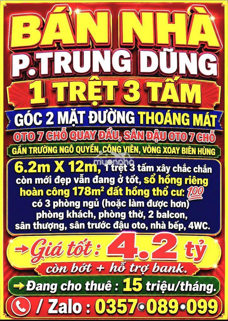Bán nhà trung dũng, 1trệt 3tấm, góc 2 mặt đường oto, sân đậu oto