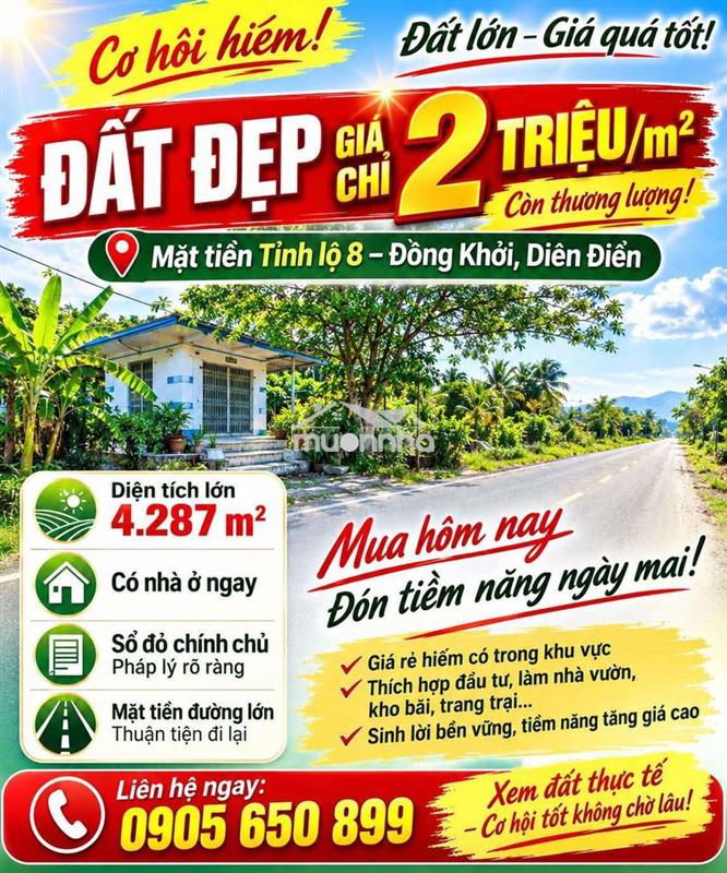 Đất lớn cho nhà đâu tư . ngay mặt đường đồng khởi diên điền khánh hòa