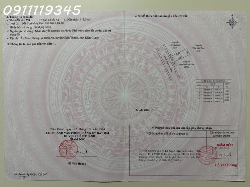 Cần tiền bán nhanh lô đất 2 mặt tiền tắc cầu, bình an, dt 113.5 m2, giá 800 triệu, pháp lý đầy đủ